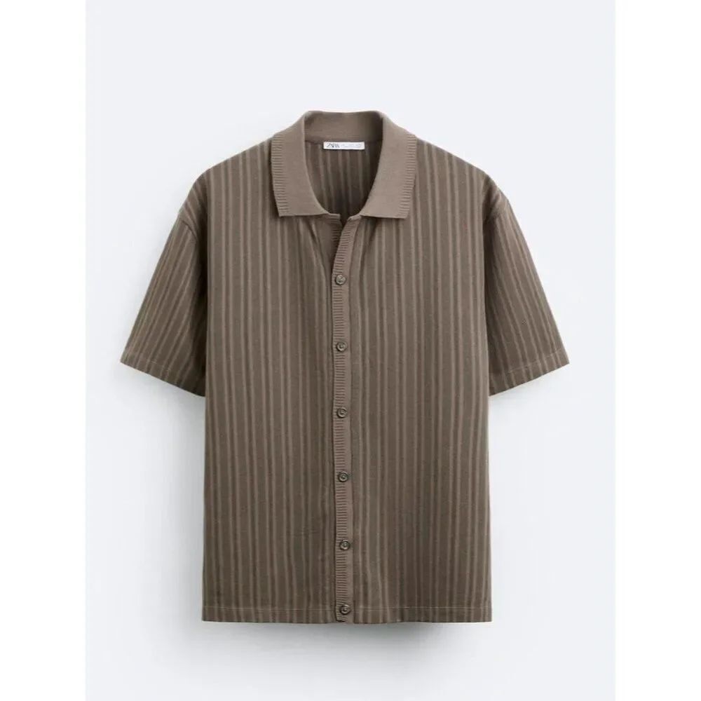Zara Mens Shirt S Brown Vertical Jacquard Striped Button Front 0526/419 NWT